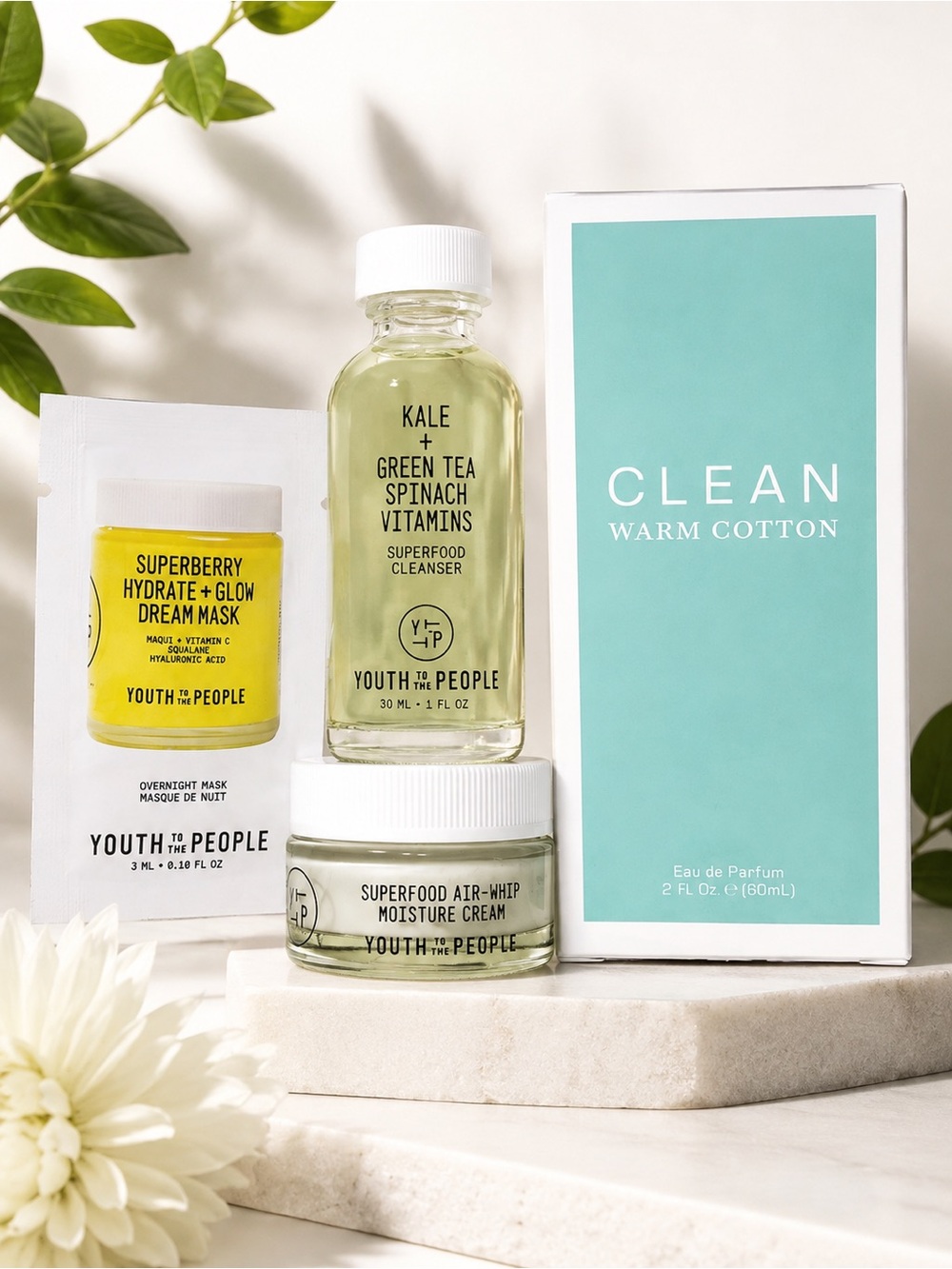 Youth To The People Skincare + CLEAN Warm Cotton Beauty Bundle New